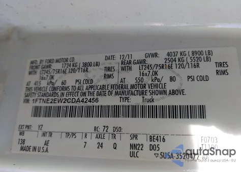 2012 Ford E-250 Commercial из США, поврежденный, VIN 1FTNE2EW2CDA42456